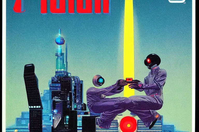 Image similar to a 1982 cover of OMNI magazine depicting an anatomically correct hand holding an electronic box. Neo-Tokyo. Cyberpunk style art by Vincent Di Fate.