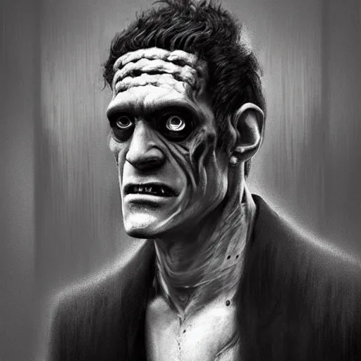 Image similar to black and white, portrait of frankenstein, scarred, in a suit, fantasy art, art by greg rutkowski, matte painting, trending on artstation