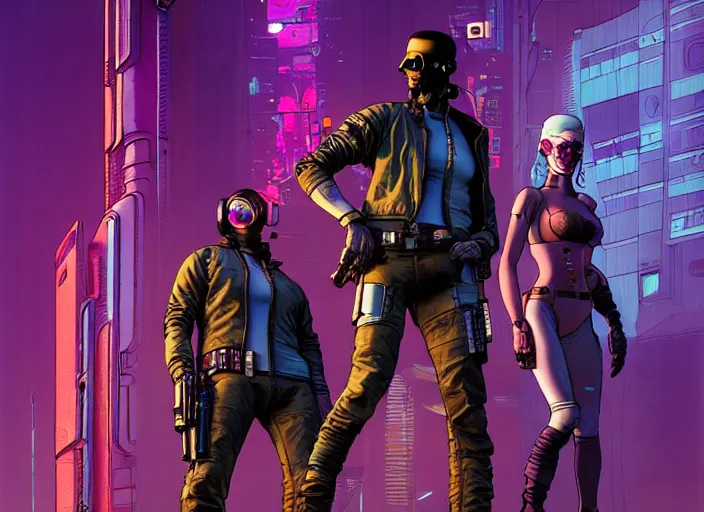 Prompt: cyberpunk gunslingers, gunmen, and bounty hunters. portrait by stonehouse and mœbius and will eisner and gil elvgren and pixar. character design. realistic proportions. cyberpunk 2 0 7 7 character art, blade runner 2 0 4 9 concept art. cel shading. attractive face. thick lines. the team. diverse characters. artstationhq.
