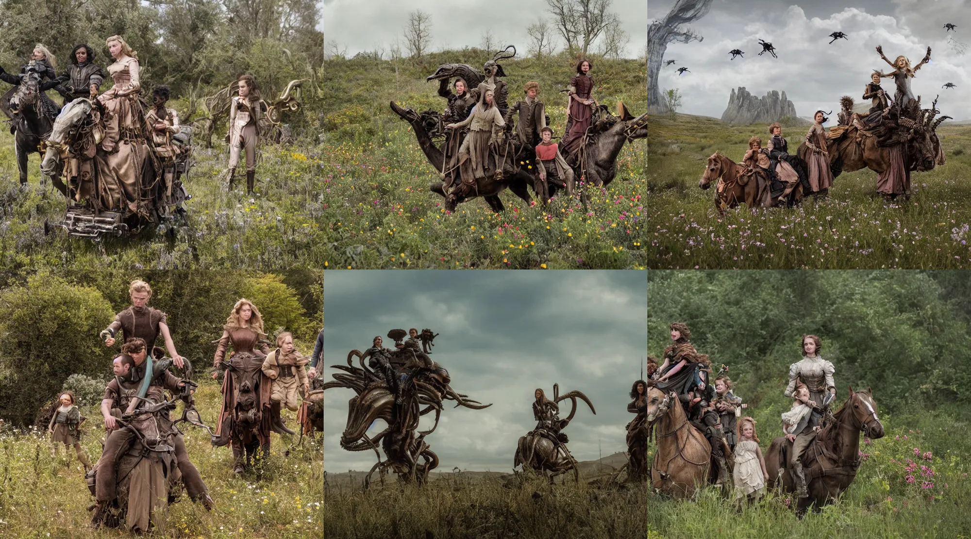 Prompt: 70mm still from a sci fi blockbuster movie made in 2022, set in 1860, of a family riding on the back of alien creatures, on an alien planet, across the alien landscape that is full of strange wild alien plants and flowers, family are wearing 1850s era clothes, good lighting, 8k, in focus faces, good quality photography, oscar winner