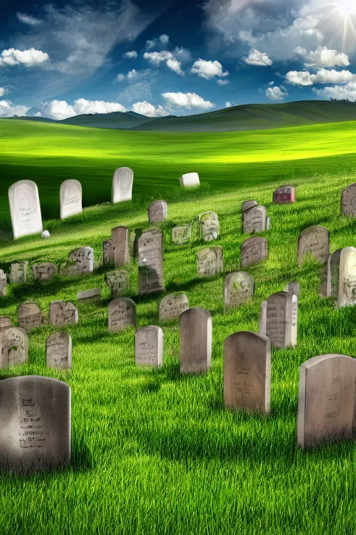 Prompt: realistic detailed, 4 k windows xp bliss hills screensaver with a graveyard, with many gravestones