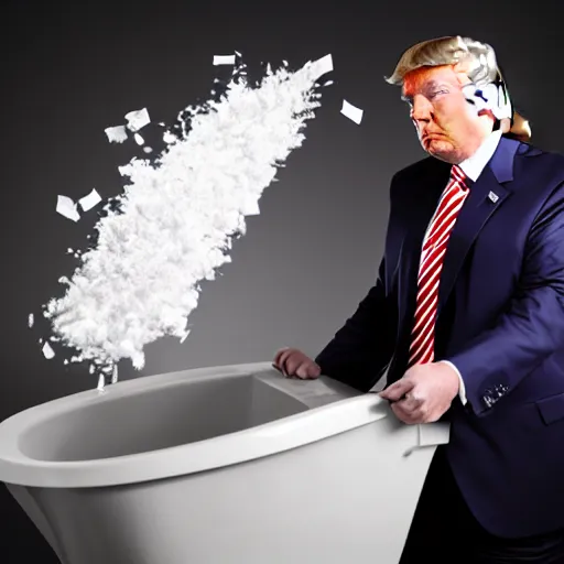 Image similar to stunning awe inspiring donald trump throwing papers into the toilet, movie still, 8 k hdr atmospheric lighting