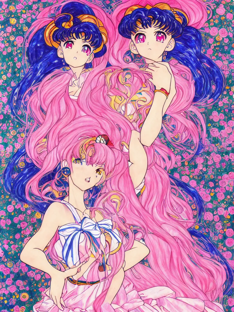 Prompt: resolution 4k Sailor Moon Skirts Anime Sailor Moon characters posing Pink, Girly, Feminine Hearts Painterly art in the style of Gustav Klimt