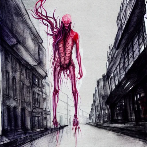 Prompt: cthulhu with a human body walks through the streets of london. by Agnes Cecile but in watercolor and pencil