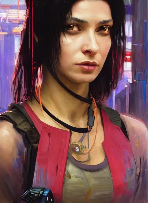 Image similar to Sophie Igwe. Strong Beautiful Cyberpunk mechanic with robotic legs. (Cyberpunk 2077, bladerunner 2049). Gorgeous face. Iranian orientalist portrait by john william waterhouse and Edwin Longsden Long and Theodore Ralli and Nasreddine Dinet, oil on canvas. Cinematic, vivid colors, hyper realism, realistic proportions, dramatic lighting, high detail 4k