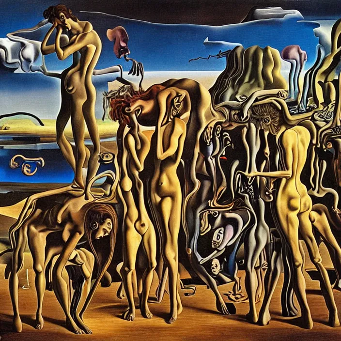 Image similar to a group of characters crying in a surreal environment by salvador dali, highly detailed