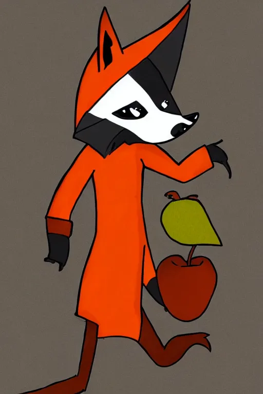 Image similar to Cartoon Fox dressed like a hooded rogue, holding an apple, digital art, trending on artstation, stacy boisvert