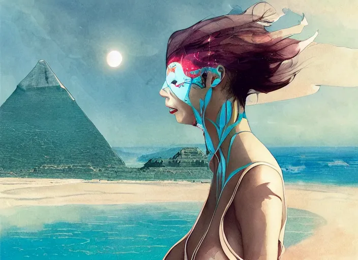 Prompt: lee jin - eun in luxurious dress emerging from turquoise water in egyptian pyramid city during an eclipse by peter mohrbacher, conrad roset, m. k. kaluta, martine johanna, rule of thirds, elegant look, beautiful, chic, face anatomy, cute complexion