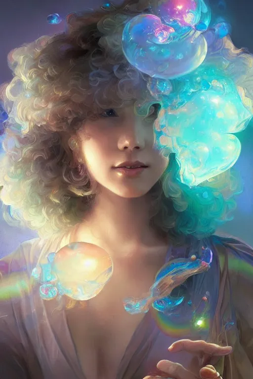 Image similar to bob ross, dreamy and ethereal,, fantasy, intricate, elegant, rainbow bubbles, highly detailed, digital painting, artstation, concept art, smooth, sharp focus, illustration, art by artgerm and greg rutkowski and alphonse mucha