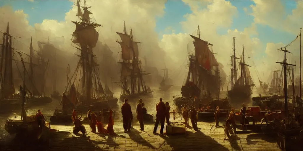 Prompt: a seaport in 1 9 4 0 with red light on, sunny day, a men stand up next to the edge, oil on canvas, art by andreas achenbach, clemens ascher, tom bagshaw and sabbas apterus,