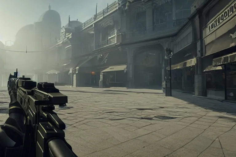 Image similar to a first person shooter game trailer on a victorian shopping mall, cinematic lightning, ray tracing, unreal engine 5, photorealistic, 8 k, uhd, 4 k holding a ak - 4 7, fps game concept, extremely detailed, beautiful, elegant, intricate, foggy, in - game footage