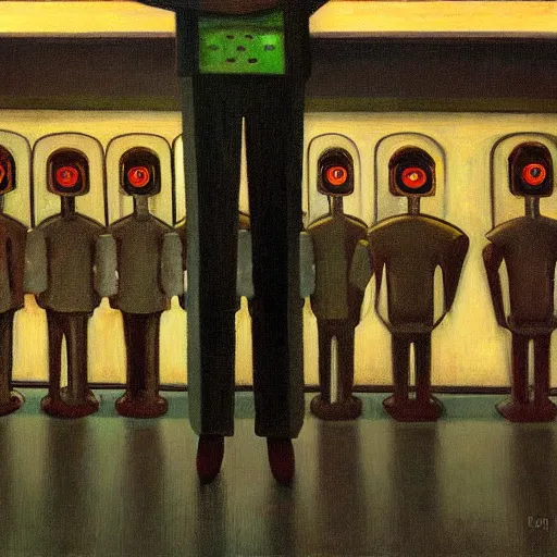 Image similar to robot bishop guards, endless cubicles, end times, grant wood, pj crook, edward hopper, oil on canvas