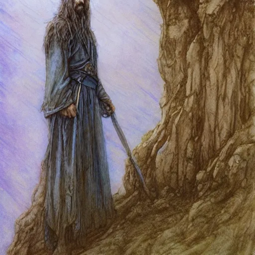 Prompt: painting in the style of artstation of a druid standing alone at the beginning of time by alan lee and brian froud