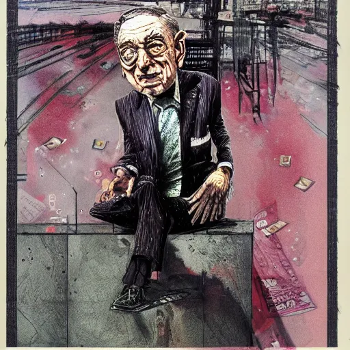 Image similar to George Soros full body shot, dollar bills Body horror, biopunk, by Ralph Steadman, Francis Bacon, Hunter S Thompson