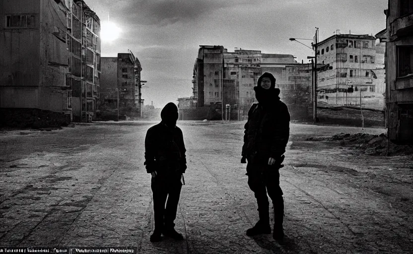 Image similar to In a futuristic space city of Neo Norilsk on the Moon, a Mysterious man is standing in the middle of a close up street photo by Trent Parke, the sun is blinding, a Russian city on the Moon