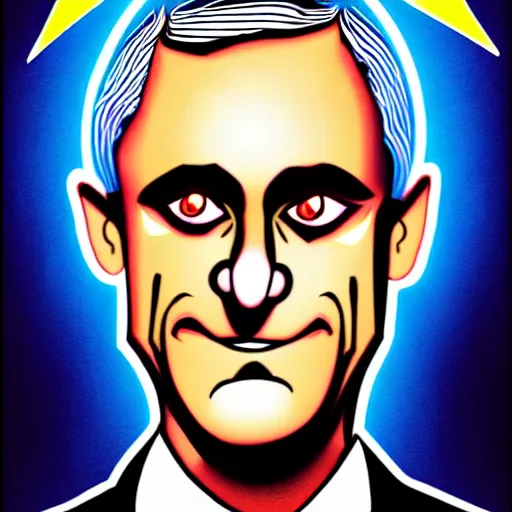 Prompt: bright glowing eyes, digital illustration of secretary of denis mcdonough face with demonic laser eyes, cover art of graphic novel, eyes replaced by glowing lights, glowing eyes, flashing eyes, balls of light for eyes, evil laugh, menacing, Machiavellian puppetmaster, villain, clean lines, clean ink