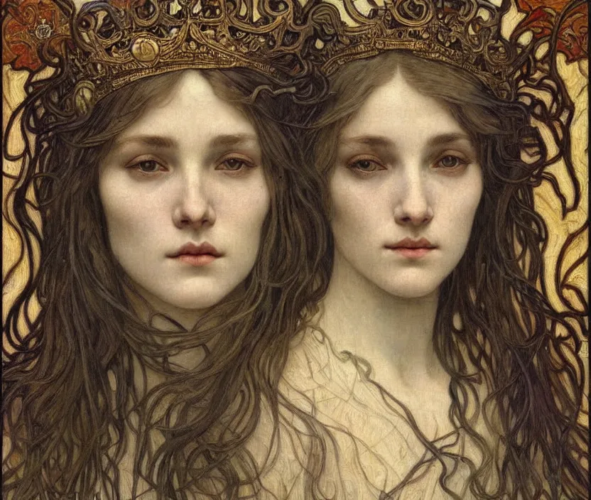 Image similar to detailed realistic beautiful young medieval queen face portrait by jean delville, alphonse mucha, vincent van gogh, and marco mazzoni, art nouveau, symbolist, visionary, gothic, pre - raphaelite