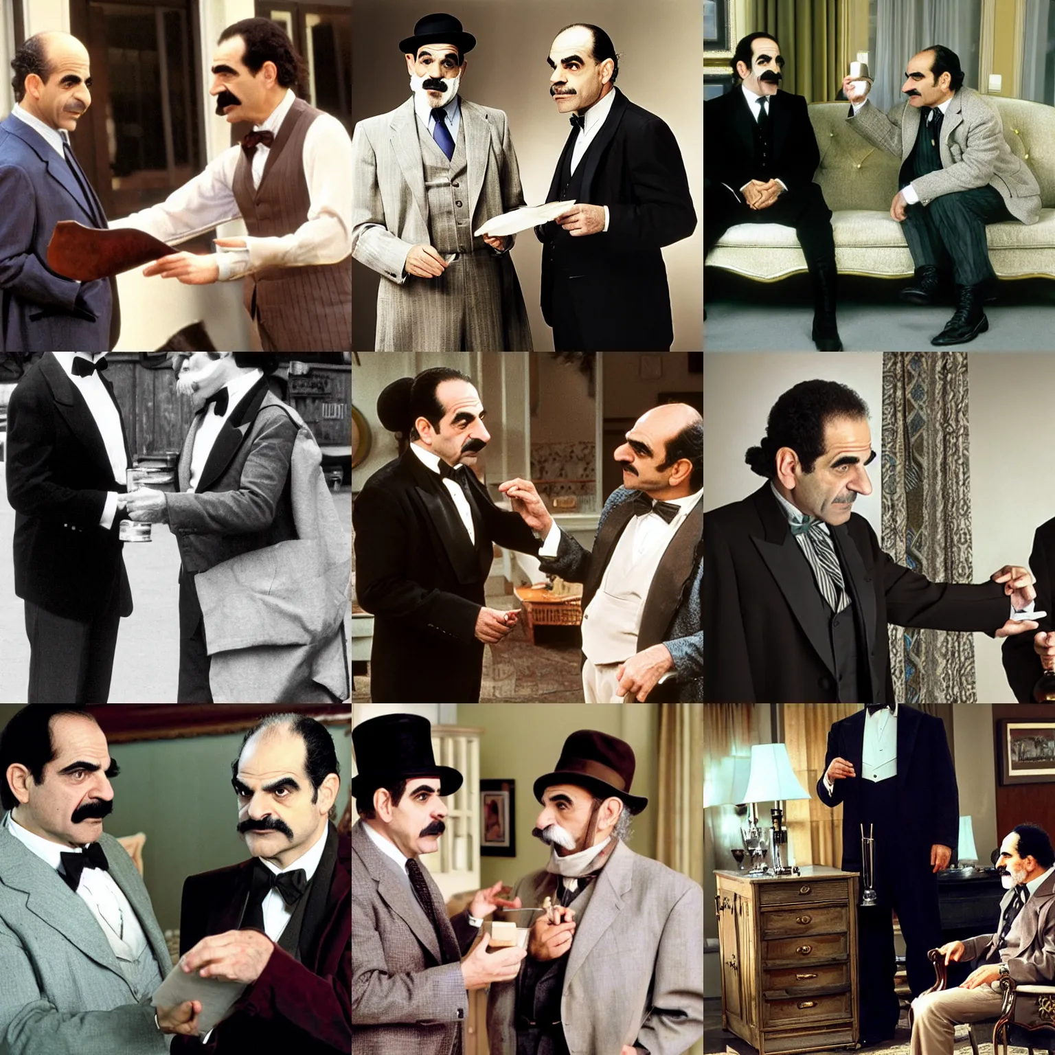 Prompt: Tony Shalhoub as Adrian Monk annoys David Suchet as Poirot, award winning press photo