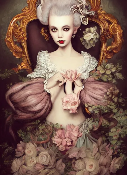 Prompt: pop surrealism, lowbrow art, realistic marie antoinette painting, japanese street fashion, hyper realism, muted colours, rococo, natalie shau, loreta lux, tom bagshaw, mark ryden, trevor brown style,