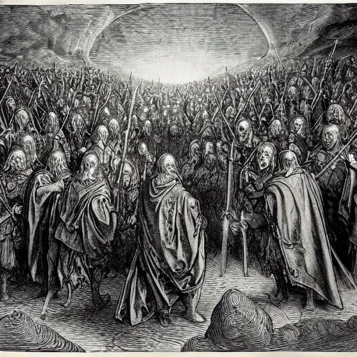 Prompt: the fellowship of the ring, by gustave dore and albrecht durer