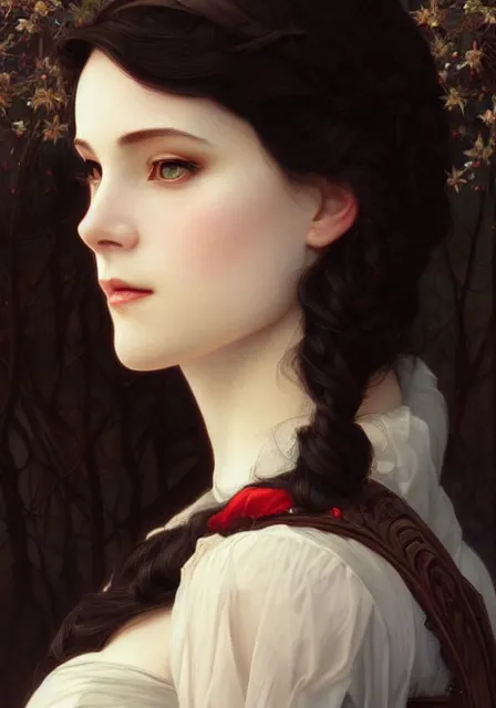 Prompt: snow white, intricate, elegant, highly detailed, digital painting, artstation, concept art, smooth, sharp focus, illustration, art by artgerm and greg rutkowski and alphonse mucha and william - adolphe bouguereau