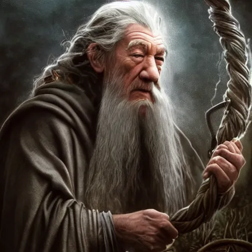 Image similar to the evil ian mckellen smithing on an anvil as gandalf in a dark viking hood playing odin all father crafting the plant of life with vines on an anvil, highly detailed, cinematic shot, cinematic lighting, 8 k, exquisit facial detail, magical realism painting, chiaroscuro, dark painting.