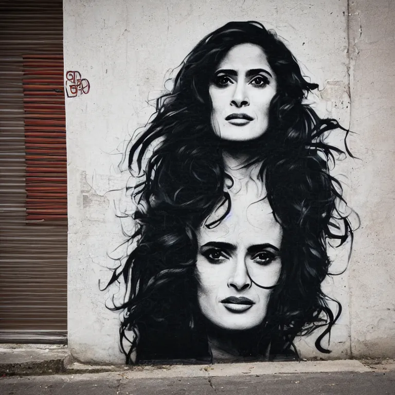 Image similar to Street-art portrait of Salma Hayek in style of Banksy, long hair like a waves around the face, photorealism, Sony a7R