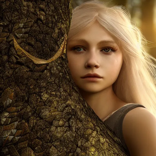 Prompt: very pretty blond dragon girl with scales in a dark forest, perfect symmetrical face, shallow depth of field, moody lighting, single point of light, 8 k, ultra realistic, octane render,