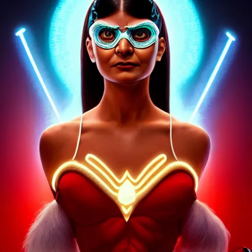 Image similar to mia khalifa as darna, wax figure, glowing eyes, volumetric lights, red and cyan theme, art nouveau botanicals, intricate, highly detailed, digital painting, artstation, concept art, smooth, sharp focus, cinematic, illustration, beautiful face, art by artgerm and greg rutkowski and alphonse mucha