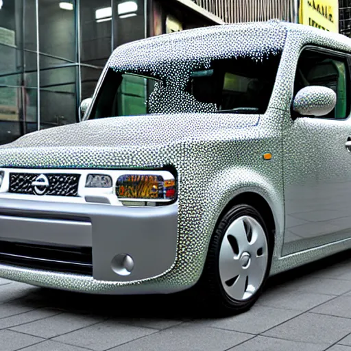 Prompt: a Nissan cube made of transparent glass, parked in Tokyo Japan