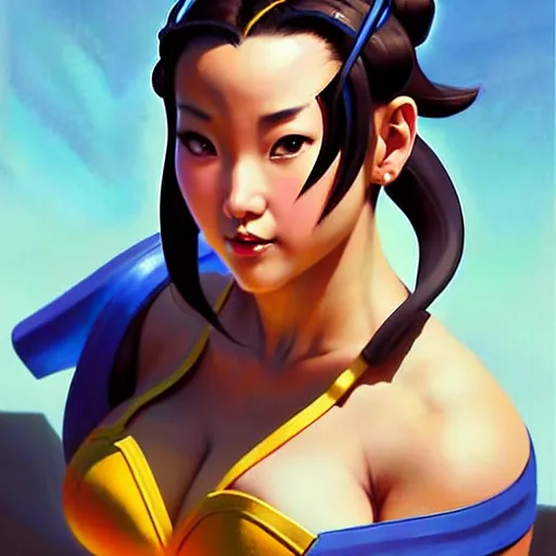 Image similar to Greg Manchess portrait painting of Chun-Li as Overwatch character, medium shot, asymmetrical, profile picture, Organic Painting, sunny day, Matte Painting, bold shapes, hard edges, street art, trending on artstation, by Huang Guangjian and Gil Elvgren and Sachin Teng