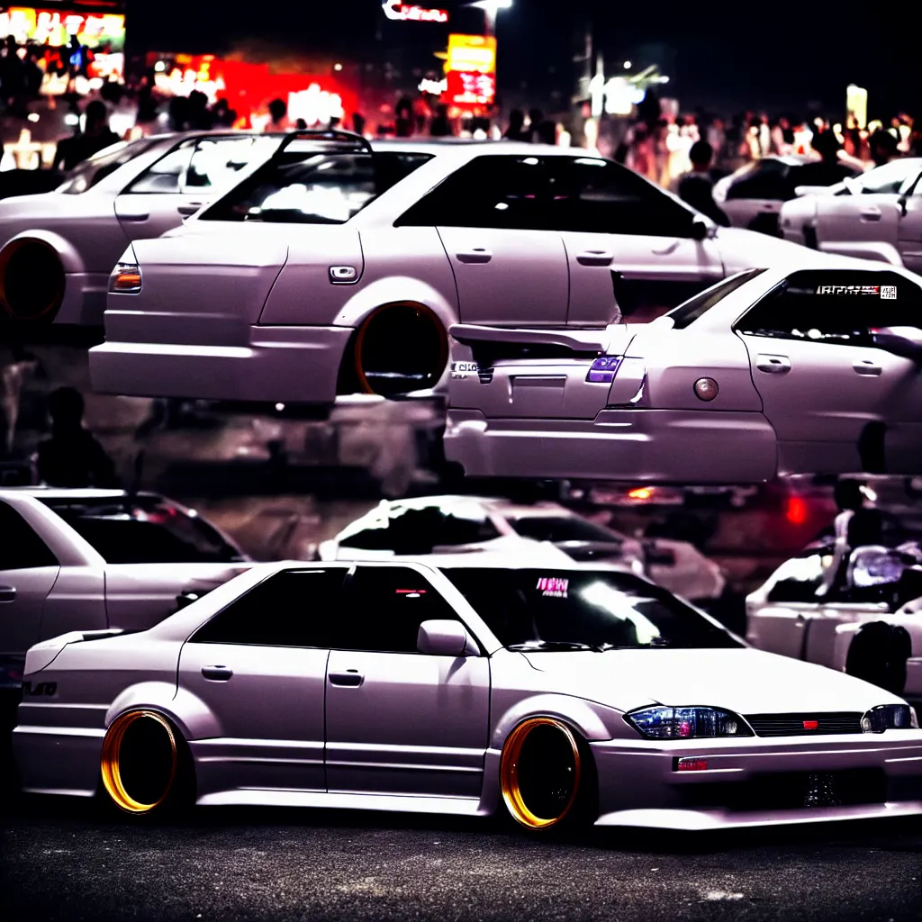 Prompt: a car JZX100 twin turbo drift at illegal car meet, Shibuya prefecture, city midnight mist lights, cinematic lighting, photorealistic, detailed alloy wheels, highly detailed