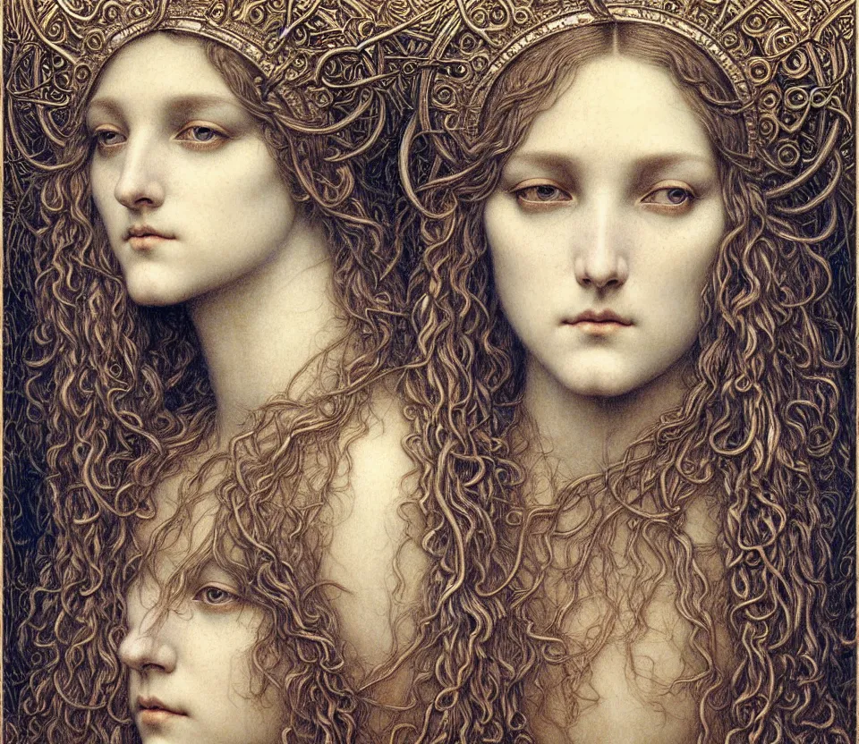 Image similar to detailed realistic beautiful young medieval queen face portrait by jean delville, gustave dore and marco mazzoni, art nouveau, symbolist, visionary, gothic, pre - raphaelite. horizontal symmetry