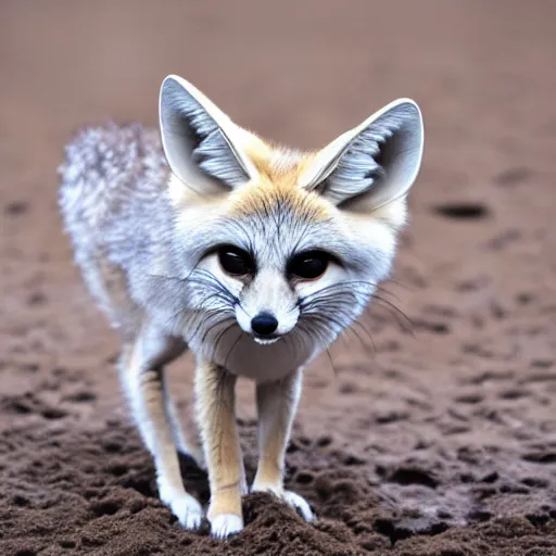 Prompt: sad fennec, rain, wet sand, photo