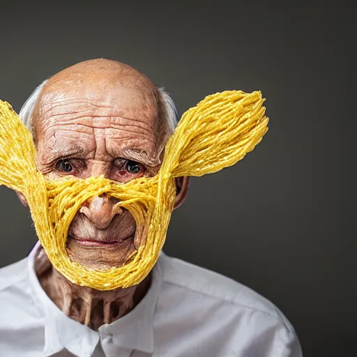 Prompt: an elderly man wearing a mask made from pasta, bold natural colors, national geographic photography, masterpiece, 8 k, raw, unedited, symmetrical balance