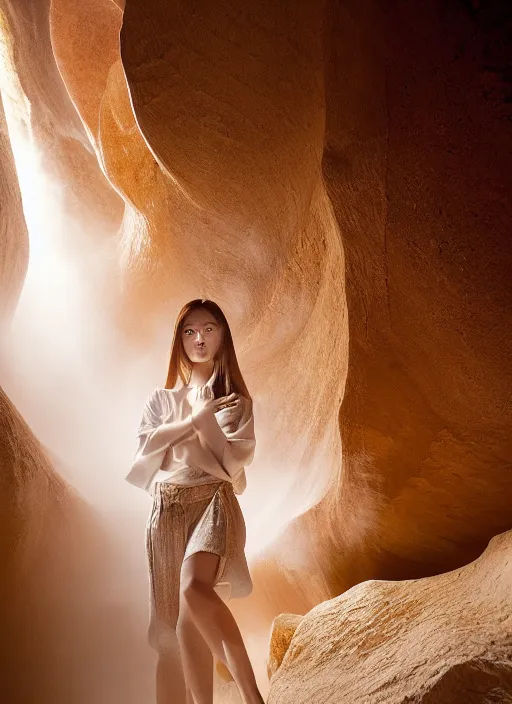 Image similar to Kodak Portra 400, 8K, soft light, volumetric lighting, highly detailed, Kasumi Arimura style 3/4 ,portrait photo of Japanese captivating female, the face emerges from Antelope Canyon, thermal waters flowing down gold travertine terraces, inspired by Ophelia paint , a beautiful luxurious royal suit, intricate hair with highly detailed realistic beautiful flowers , Realistic, Refined, Highly Detailed, ethereal lighting colors scheme, outdoor fine art photography, Hyper realistic, photo realistic