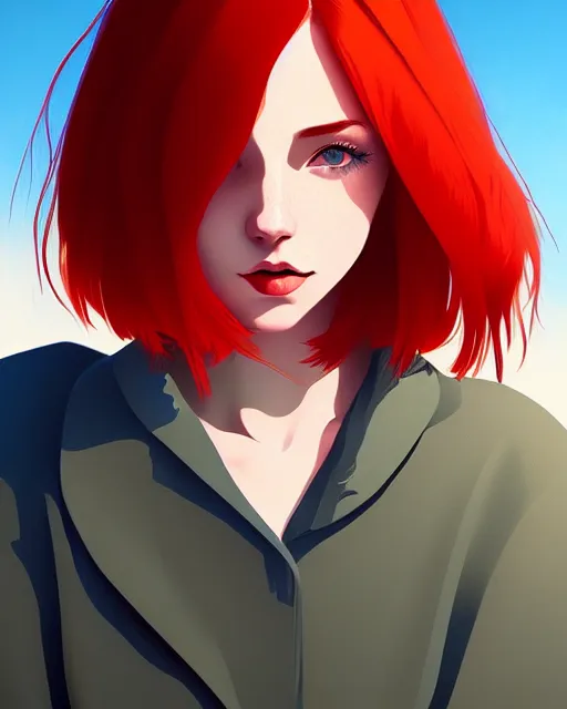 Image similar to a detailed portrait of a beautiful! woman with red hair and freckles by ilya kuvshinov, digital art, dramatic lighting, dramatic angle