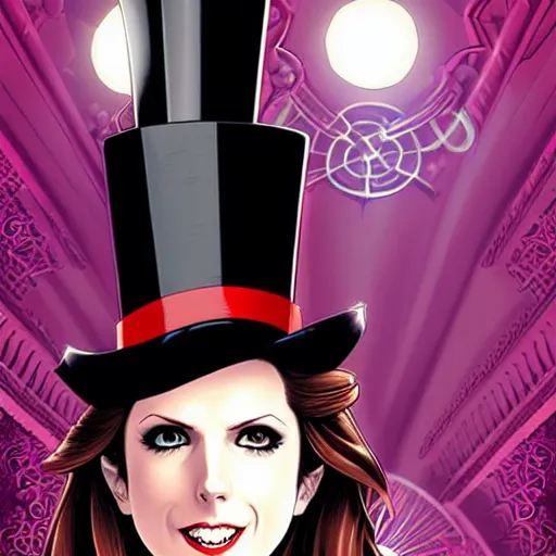 Image similar to beautiful Anna Kendrick Zatanna DC Comics on stage, wearing a top hat, symmetrical face symmetrical eyes, beautiful smile, intricate details, atmospheric, art by eiichiro oda, artgerm, Joshua Middleton art