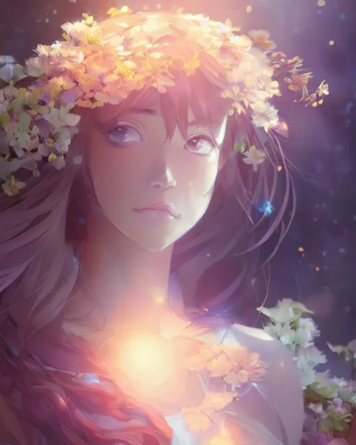 Image similar to the goddess of flowers, full shot, atmospheric lighting, detailed face, by makoto shinkai, stanley artgerm lau, wlop, rossdraws