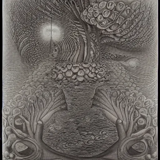 Prompt: a lost work of genius, a beautiful composition of incredibly profound symbolic art, centred, expressing the form of the formless, wondrous, benign and numinous, looking at it lightens the soul and lifts the spirit, the life of the poet breathes and it radiates being-in-itself by M. C. Escher and by Hilma af Klint and by Wassily Kandinsky and by Henri Rousseau and by Cruella de Vil