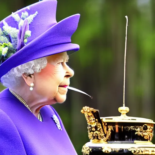 Prompt: the queen of england exhaling a large smoke cloud from her royal bong, award winning candid photography