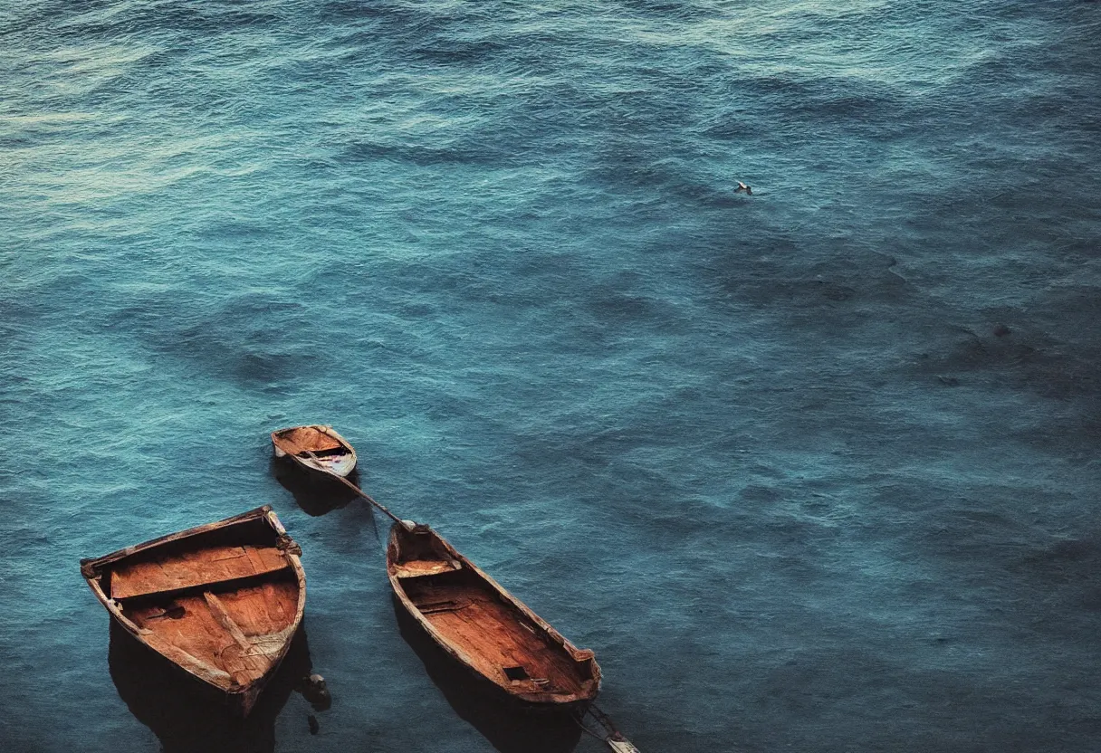 Image similar to “lonely boat in a calmed sea at dawn Milky Way dart blue tones clear water cinematic detail hdr”