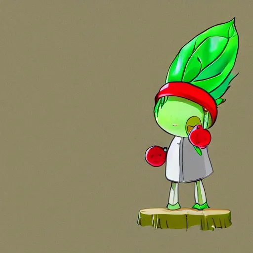 Image similar to cute little robot with tomato hat with a leaf, and one chive in one hand, made in abyss style, standing on a forest