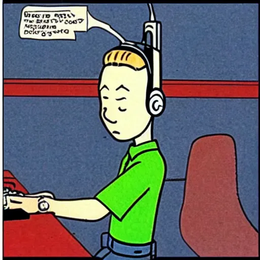 Image similar to tintin wearing headphones and speaking into big microphone, podcast! in the style of jean giraud!!