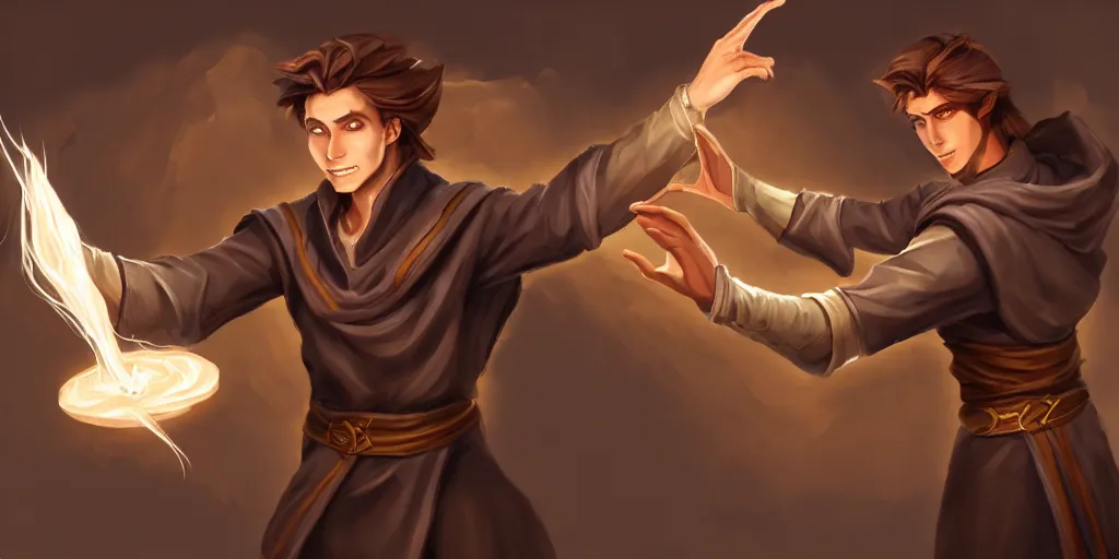 Image similar to concept art of a handsome young caucasian male sorcerer with brown hair he is casting a spell that is emanating from his hands he is in a alchemist lab, action pose, medium shot, waist up, dungeons and dragons art, magic the gathering art