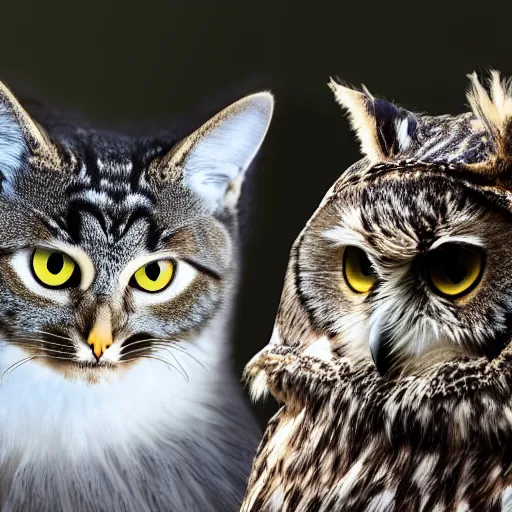Image similar to a cat and an owl standing side by side, 4k realistic photo