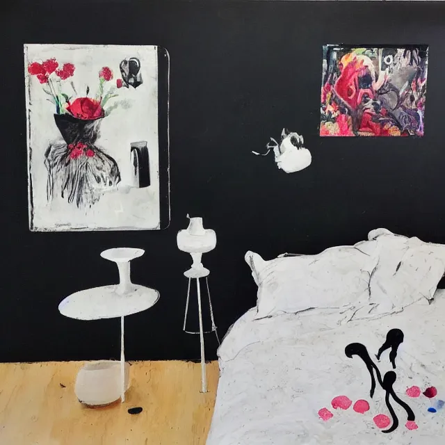 Prompt: bedroom with black walls and a futon, sensual portrait of a woman sleeping, cracked handmade pottery vase, candles, white flowers on the floor, puddle of water, octopus, squashed berries, neo - expressionism, surrealism, acrylic and spray paint and oilstick on canvas