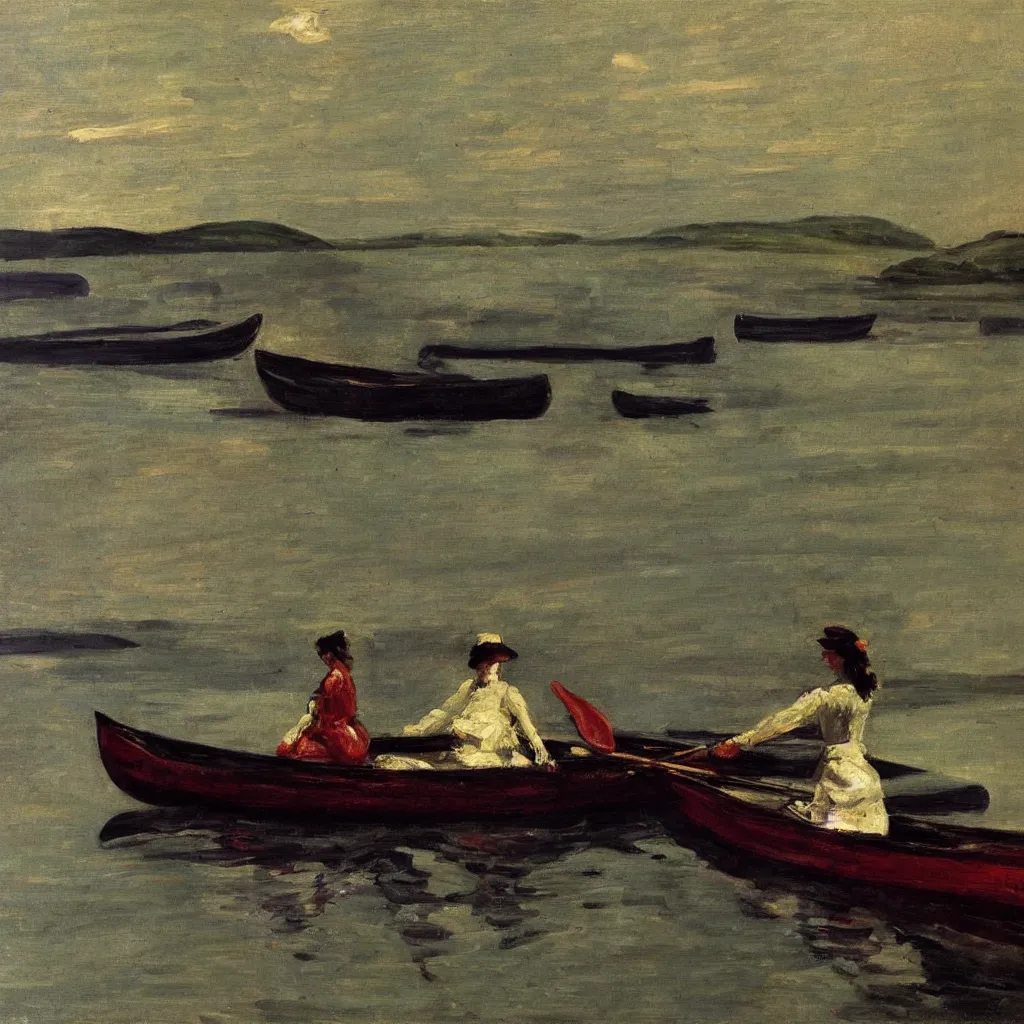 Image similar to beautiful woman standing in canoe on the hudson river, oil painting, style of george bellows