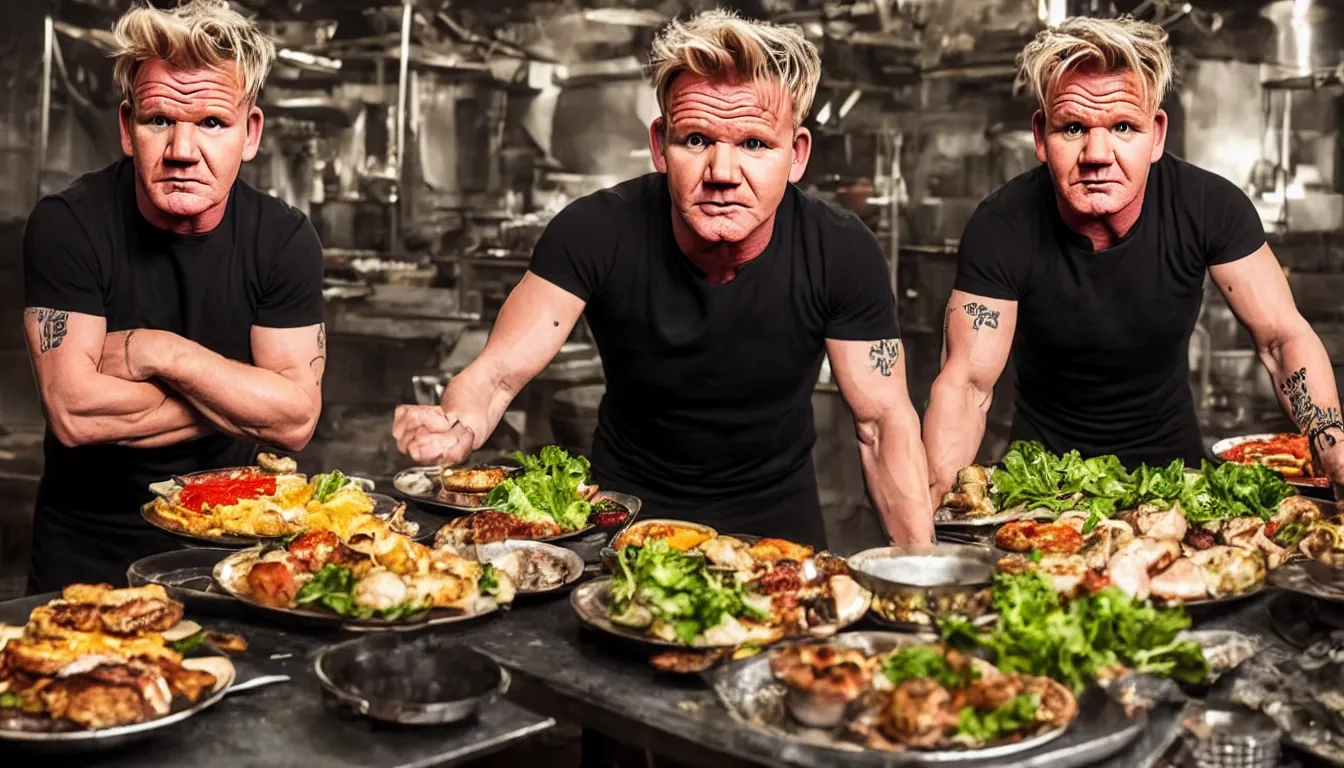 Image similar to gordon ramsay, food vendor, fallout, unreal engine 4