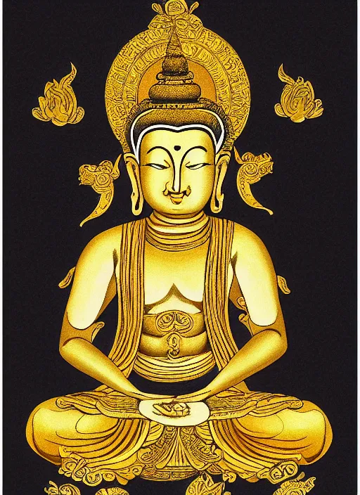 Prompt: detailed pen and ink illustration of a Buddhist bodhisattva with a bears head, seated in royal ease, 0.2 black micron pen on white paper, gilded gold halo behind head, highly detailed, fine pen work, white background, in the style of Olivia Kemp